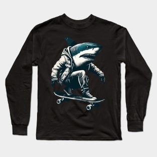 Retro Vintage Shark Skater Skateboarder Long Sleeve T-Shirt